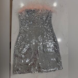 Main Strip Silver Sequin Dress with Pink Accents